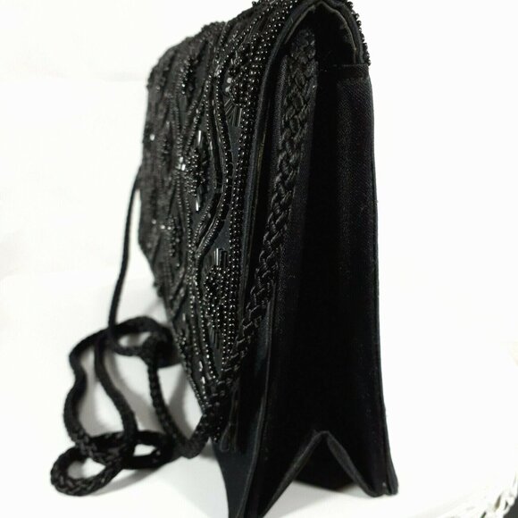 Carla Marchi Evening Purse/Clutch Black Satin Crossbody Hand-Beaded - Picture 4 of 10